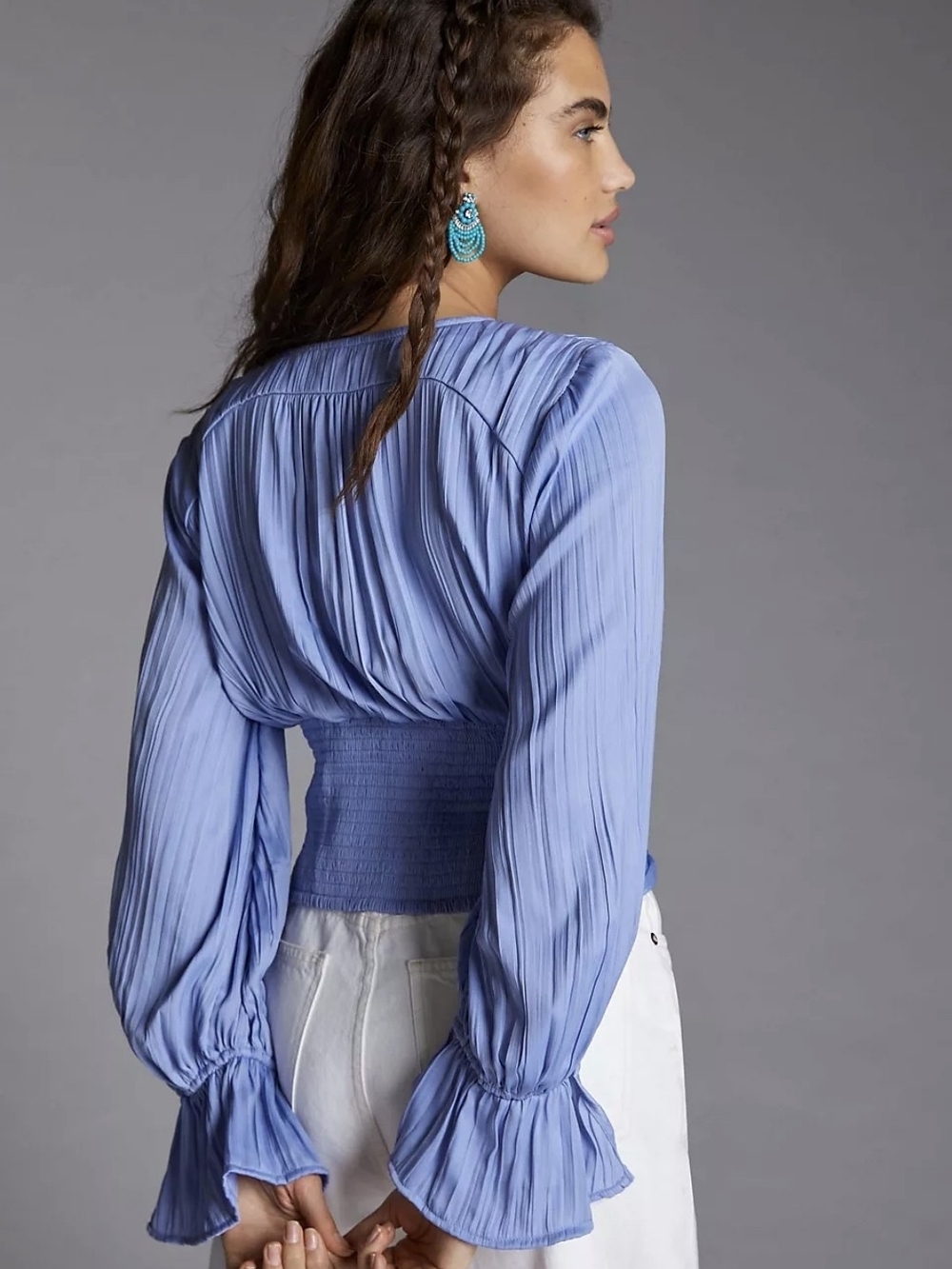 Anthropologie Smocked Waist Long Sleeve V-neck Blouse